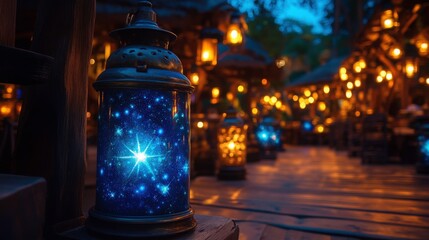 Glowing Lantern Enveloped in Starry Night Sky, Capturing Magical Atmosphere of a Serene Outdoor Setting with Warm Lighting and Natural Beauty