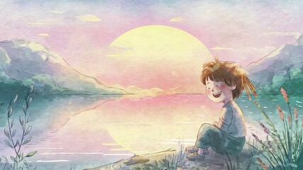 Happy child sitting by lake at pastel sunset in watercolor