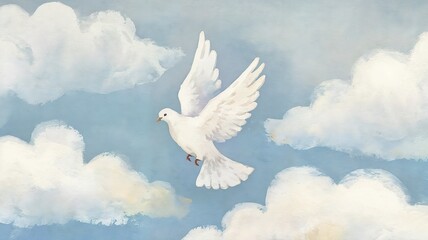 White dove flying among soft clouds in pastel sky