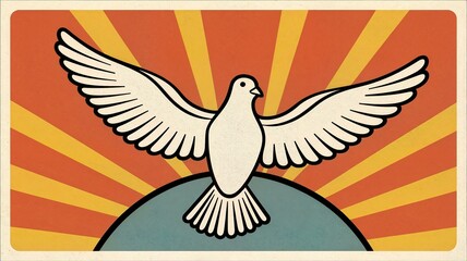 Fototapeta premium Peace dove flying over globe with sunburst background