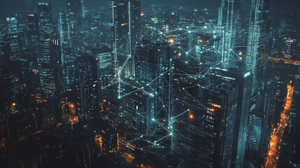 Fototapeta premium Smart digital Innovation city with connection network reciprocity over the cityscape. of future smart wireless city and social media networking systems that connects business people with in city