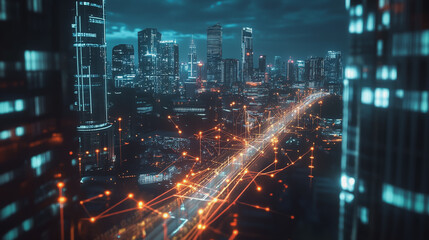 Smart digital Innovation city with connection network reciprocity over the cityscape. of future smart wireless city and social media networking systems that connects business people with in city