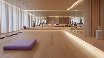 Minimalist Yoga Studio with Wooden Flooring and Natural Light for Wellness and Meditation Practice
