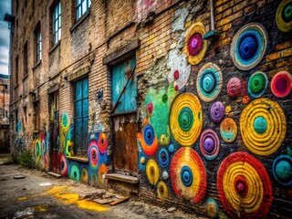 Naklejka premium Abandoned Building Graffiti Paint Circles Urban Exploration Photography