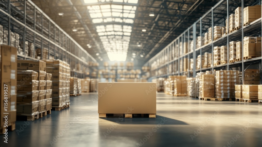 Poster A spacious warehouse filled with stacked pallets and a central, empty box, illuminated by natural light from the overhead windows.