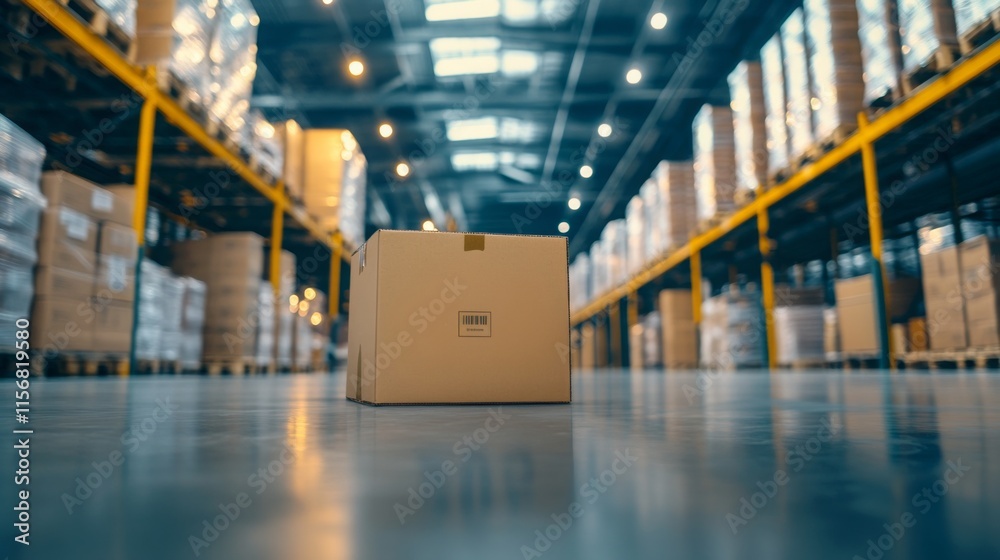 Poster A cardboard box is positioned in a vast warehouse filled with stacked pallets, showcasing an organized storage environment.
