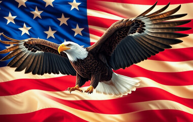 Naklejka premium Majestic and proud, the bald eagle takes center stage with the American flag as a patriotic backdrop.