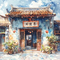 Traditional Chinese House with Blue Walls and Lanterns in Watercolor