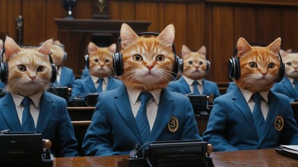 A humorous scene featuring cats in suits with headphones, resembling a formal meeting or committee.