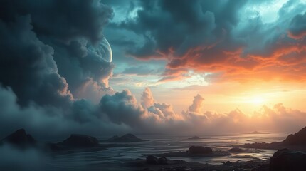 Fototapeta premium A breathtaking landscape featuring vibrant clouds, a colorful sunset, and distant mountains, evoking a sense of wonder and tranquility.