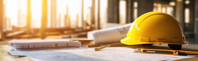 Construction site planning urban development blueprint strategy bright environment close-up view project management insight