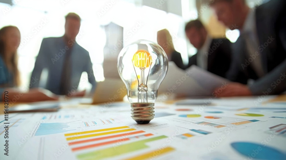 Poster a light bulb symbolizes innovation and brainstorming, surrounded by charts and graphs, indicating a 