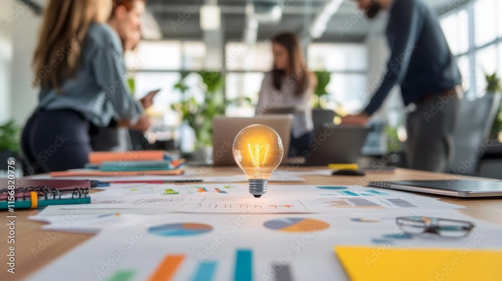 Leinwandbilder a collaborative workspace features a glowing light bulb, symbolizing creativity, surrounded by docum
