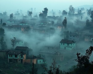 Foggy Winter Morning in Rural Village Capturing Natures Mystique and Seasonal Changes