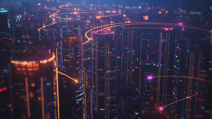 Fototapeta premium Smart digital Innovation city with connection network reciprocity over the cityscape. of future smart wireless city and social media networking systems that connects business people with in city