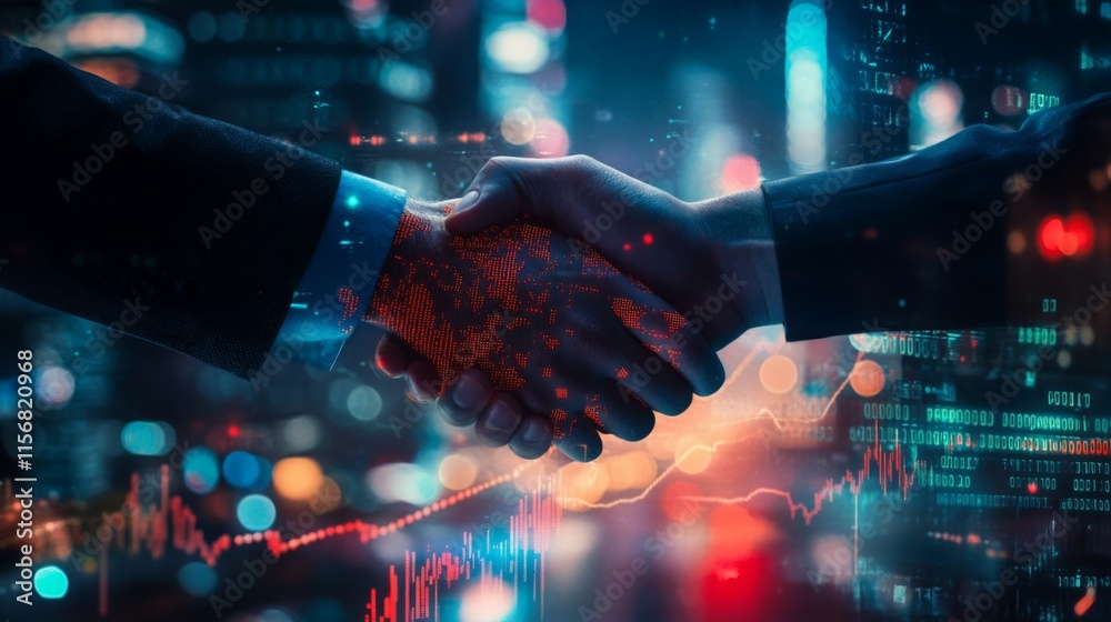 Aufkleber a futuristic handshake symbolizes collaboration and partnership, set against a vibrant cityscape wit