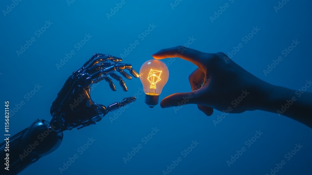 Poster a robotic hand and a human hand reach towards a glowing light bulb, symbolizing the connection betwe