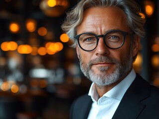 Fototapeta premium A confident, mature businessman in glasses and a suit smiles subtly against a warmly lit, blurred background. He exudes professionalism and charisma.