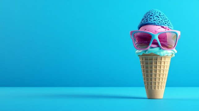Blue background with a pink ice cream cone with sunglasses and a straw hat on top. The hat and sunglasses give the impression of a sunny day at the beach - Powered by Adobe