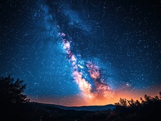 A breathtaking view of the cosmos, showcasing a vibrant Milky Way against a deep blue night sky above a silhouetted landscape.