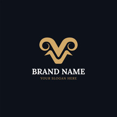 Ram's horns V letter logo, Bold and dynamic logo featuring the letter 'V' integrated with the distinctive horns of a ram