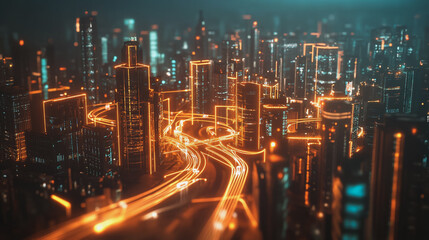 Obraz premium Smart digital Innovation city with connection network reciprocity over the cityscape. of future smart wireless city and social media networking systems that connects business people with in city