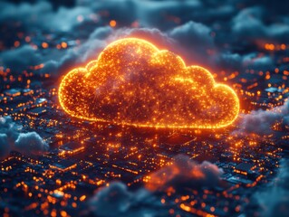 A glowing digital cloud hovers over a cityscape at night, symbolizing the concept of cloud computing and data networks.