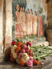 Traditional Indian Mural with Fresh Flowers A Celebration of Culture and Heritage