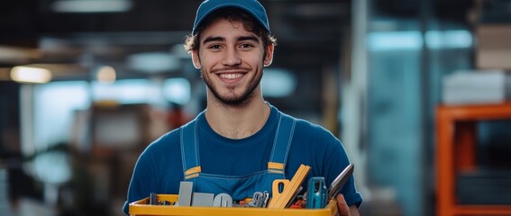 Man wearing a blue shirt and blue overalls is smiling and holding a yellow toolbox. He is happy and proud of his work