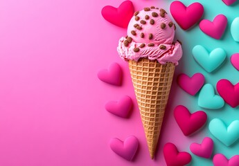 Pink ice cream cone with chocolate chips on top sits on a pink background. The cone is surrounded by hearts, which are pink and blue. Concept of love and sweetness