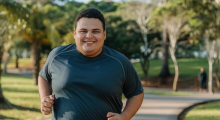 Fototapeta premium Active lifestyle of young hispanic male jogging in park