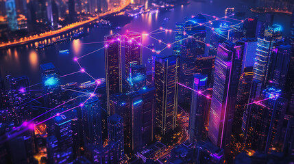 Fototapeta premium Smart digital Innovation city with connection network reciprocity over the cityscape. of future smart wireless city and social media networking systems that connects business people with in city