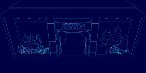 The image is a blue drawing of a building