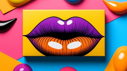 Vibrant and colorful box featuring a purple and orange lip design. The box is placed on a colorful background, creating a visually appealing and eye-catching display