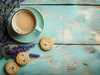 A cup of coffee with lavender and cookies on the table