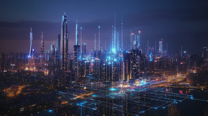 Fototapeta premium Smart digital Innovation city with connection network reciprocity over the cityscape. of future smart wireless city and social media networking systems that connects business people with in city