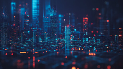 Fototapeta premium Smart digital Innovation city with connection network reciprocity over the cityscape. of future smart wireless city and social media networking systems that connects business people with in city