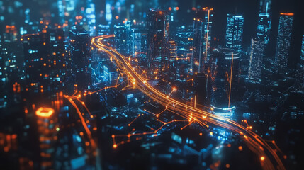 Obraz premium Smart digital Innovation city with connection network reciprocity over the cityscape. of future smart wireless city and social media networking systems that connects business people with in city