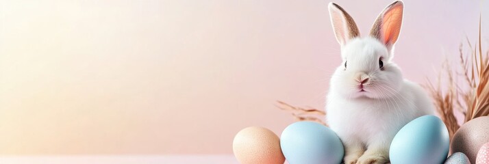 A peaceful Easter scene shows a fluffy white rabbit among vibrant pastel eggs in soft green grass, embodying the joyful spirit of Easter and the rejuvenation of spring as life begins anew