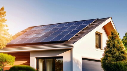 Solar panels on a gable roof. Large modern house and solar energy.