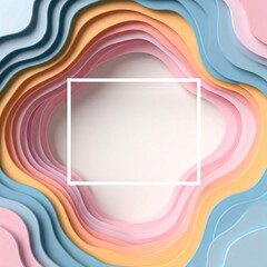 Abstract background with multi-layered paper cut waves in pastel shades of orange, blue and pink, with a central white rectangular frame. Modern minimalist design with smooth curves and gradients.