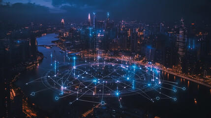 Fototapeta premium Smart digital Innovation city with connection network reciprocity over the cityscape. of future smart wireless city and social media networking systems that connects business people with in city