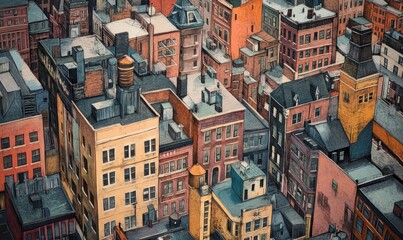 Aerial view of geometric rooftops and historic buildings in a crowded urban landscape,