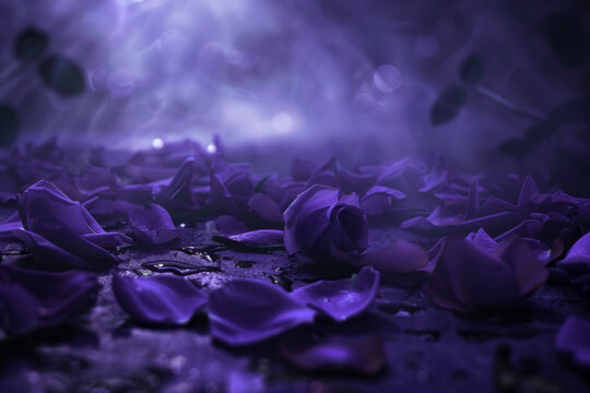 Fondo de flores moradas y p&eacute;talos en el suelo con ambiente dark de niebla y bruma