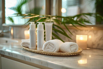 In-room amenities: toiletries, plush towels, robe, bottle of soap and hand cream