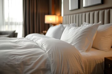 Fototapeta premium Made bed with ironed towels in luxury hotel room, close up