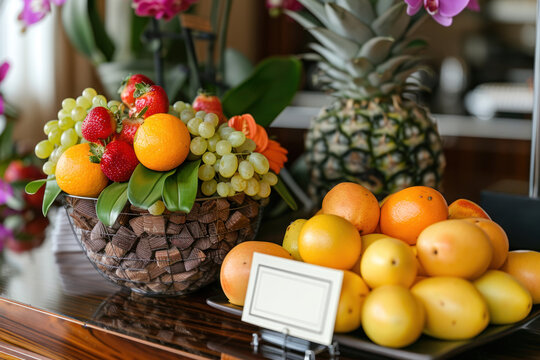 personalized welcome note and small gift for hotel guests blank signature form fruit basket top view