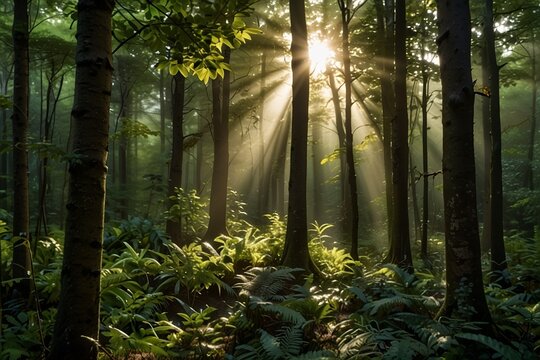 A lush green forest with Sun rays 