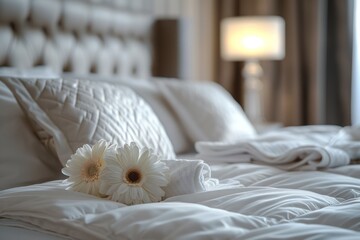 Made bed with ironed towels in luxury hotel room, close up
