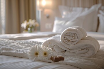 Made bed with ironed towels in luxury hotel room, close up